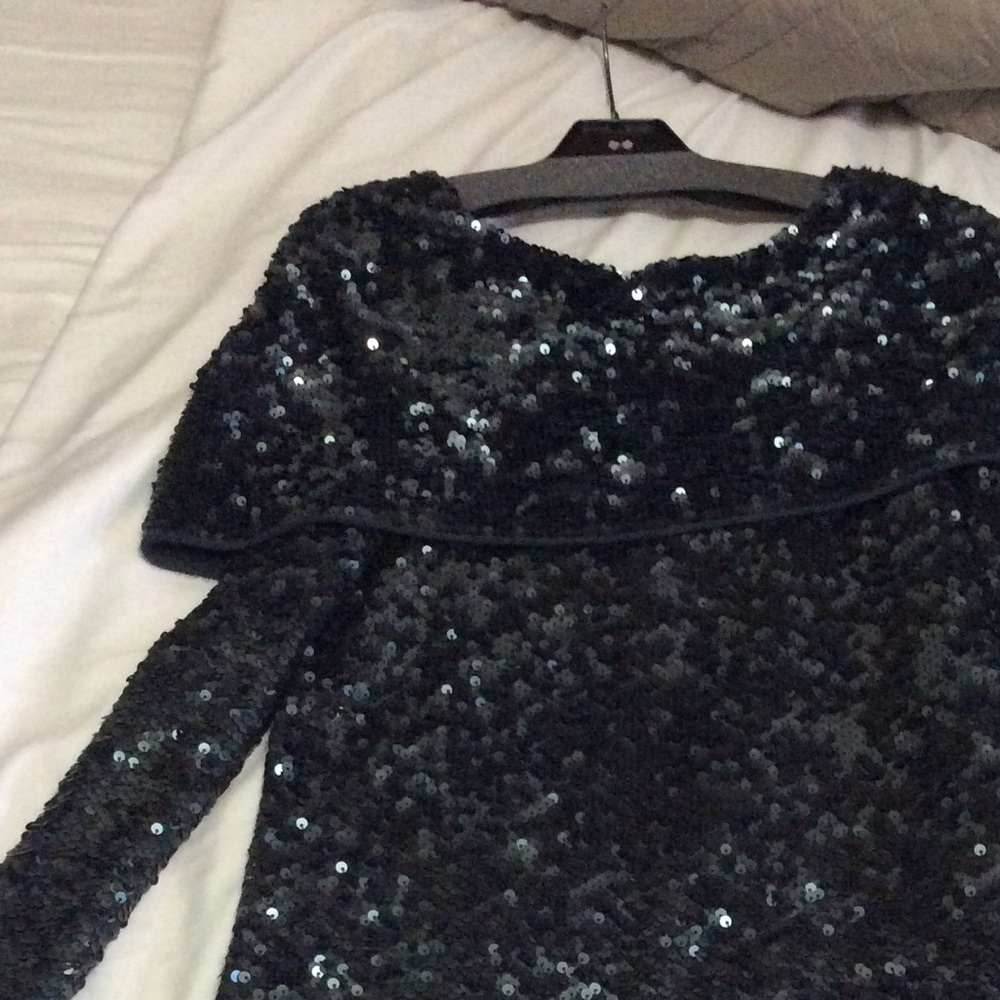 DONNA KAREN Black Cashmere Sequin Shoulder Dress